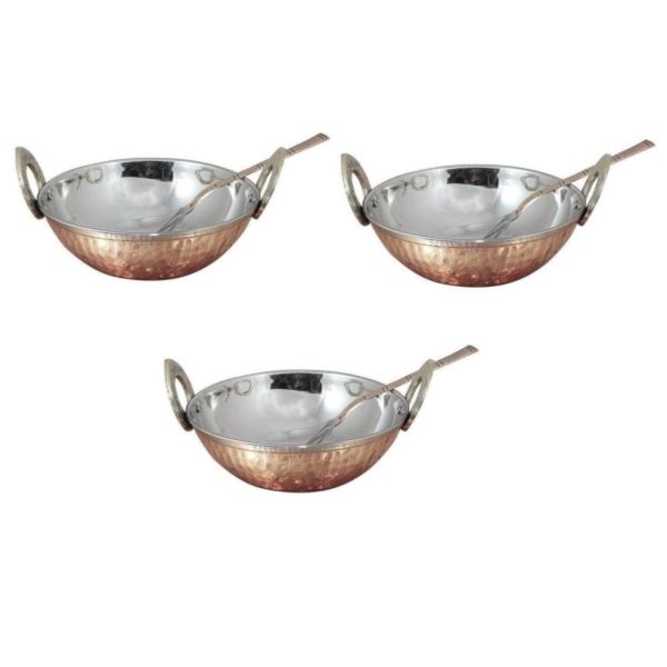 3 x Copper Karahi n Serving Spoons